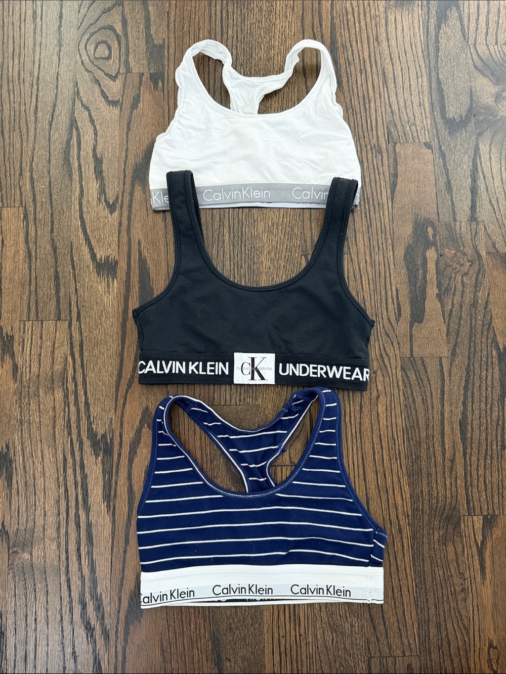 Calvin Klein Trio Racerback Bralettes in White, Black & Navy Stripe